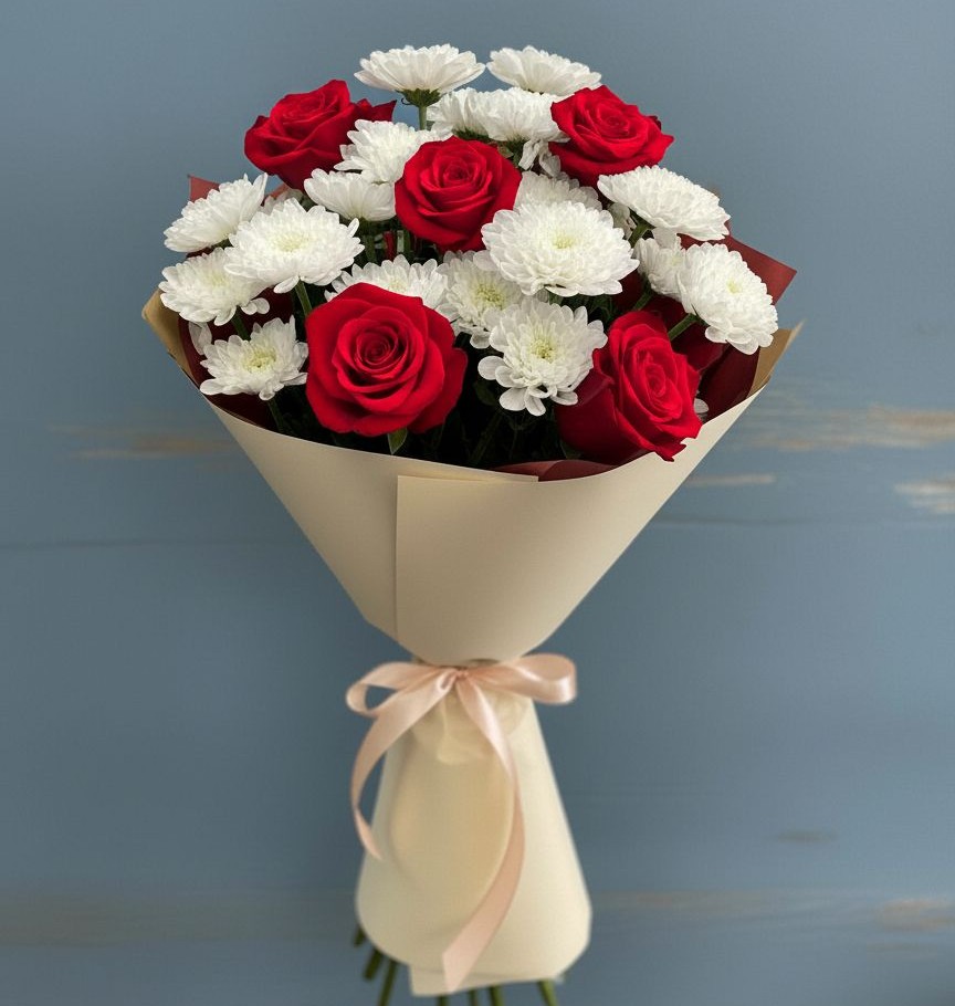 Букет цветов из: Розы и Хризантемы в Харланиху-2