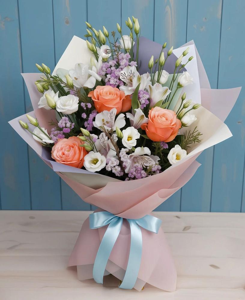 Букет цветов из: Лизиантусы, Розы, Альстромерии и Гипсофила в Харланиху-2