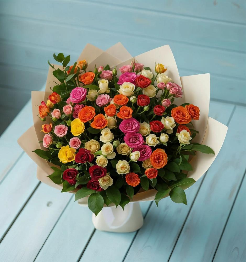 Букет Микс из разноцветных кустовых роз в Харланиху-2