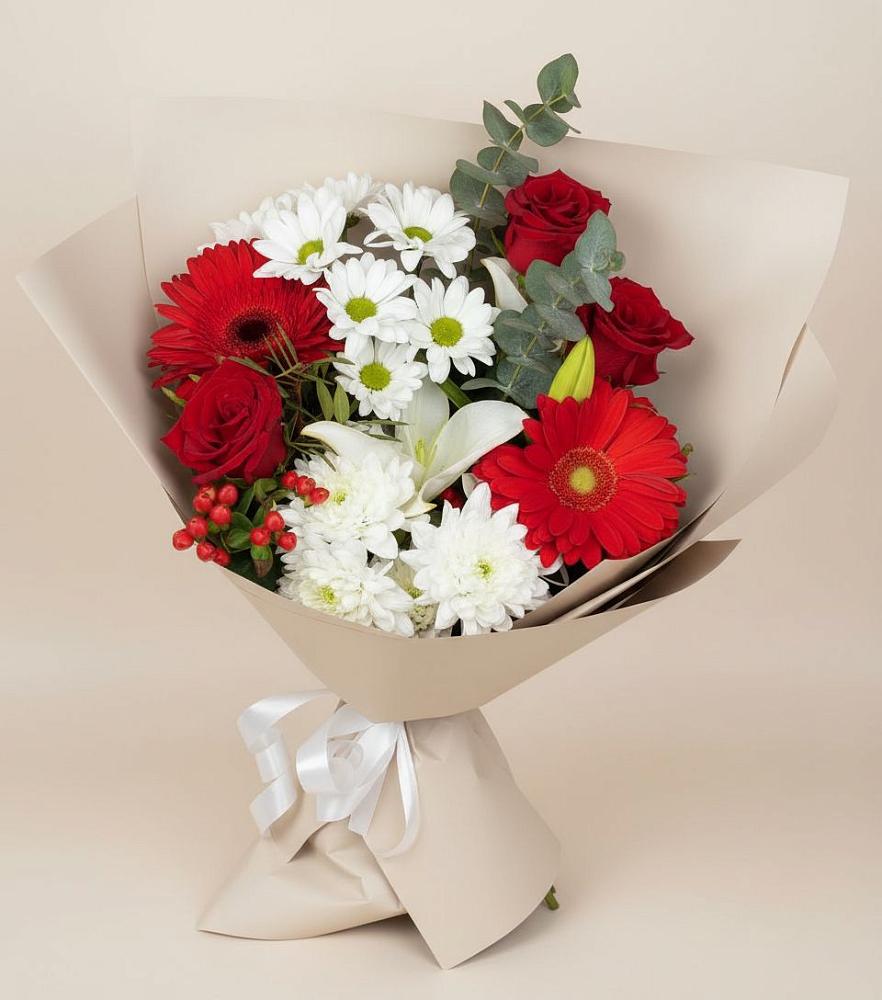 Букет цветов из: Розы, Хризантемы, Герберы и Лилии в Харланиху-2