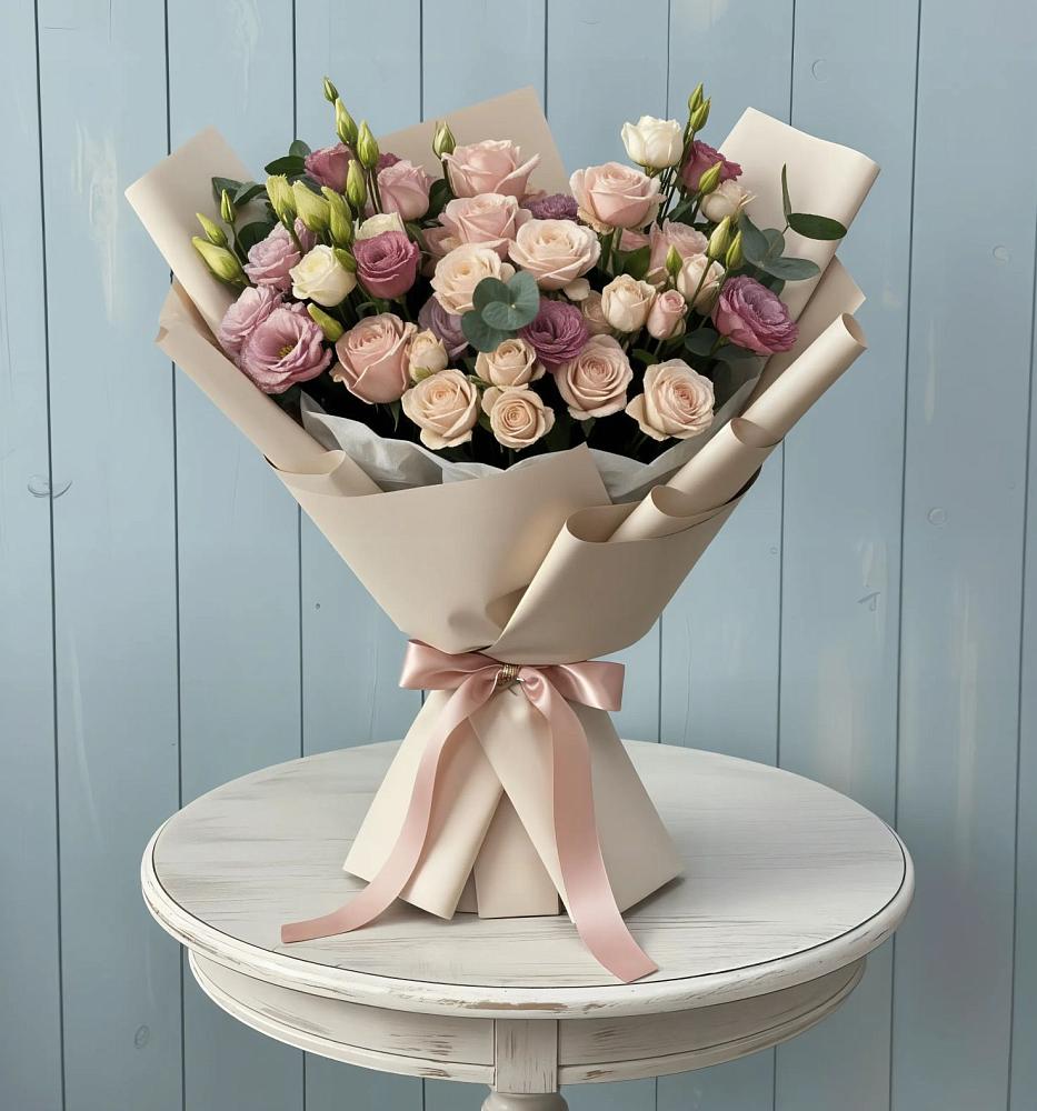 Букет цветов из: Розы и Лизиантусы в Харланиху-2